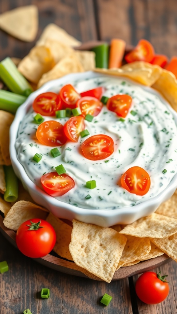 Creamy ranch spinach dip with tomatoes and tortilla chips on a wooden table.